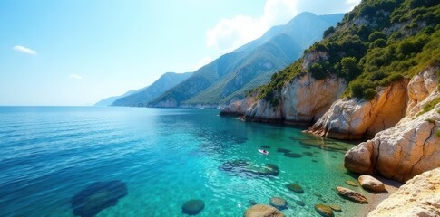 Obraz premium Steep cliffs, clear water, sunlit coastal scene , ocean, wild, Girona