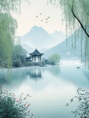 Fototapeta premium Serene Chinese landscape with pavilion
