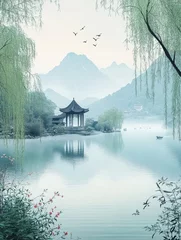 Gardinen Serene Chinese landscape with pavilion © li