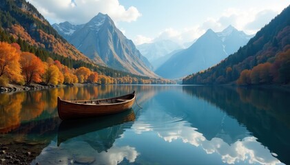 Obraz premium Still autumn lake, wooden rowboat nestled amongst colorful mountain reflections , sky, mountain lake