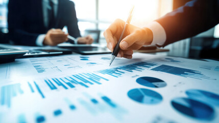 Generated imA close-up of a business professional writing on a document with data charts in the background, indicating analysis and decision-making.

