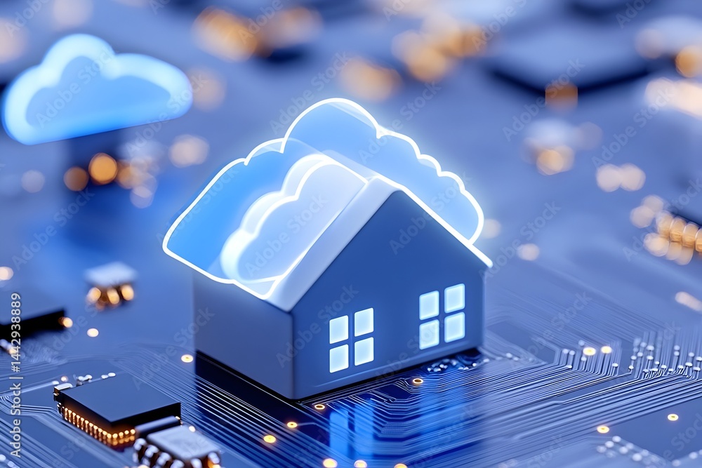 Aufkleber smart home technology visualized; a house icon with cloud computing symbols rests on a circuit board