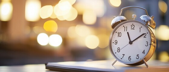 Vintage alarm clock on a notebook with blurred bokeh background, symbolizing time management.

