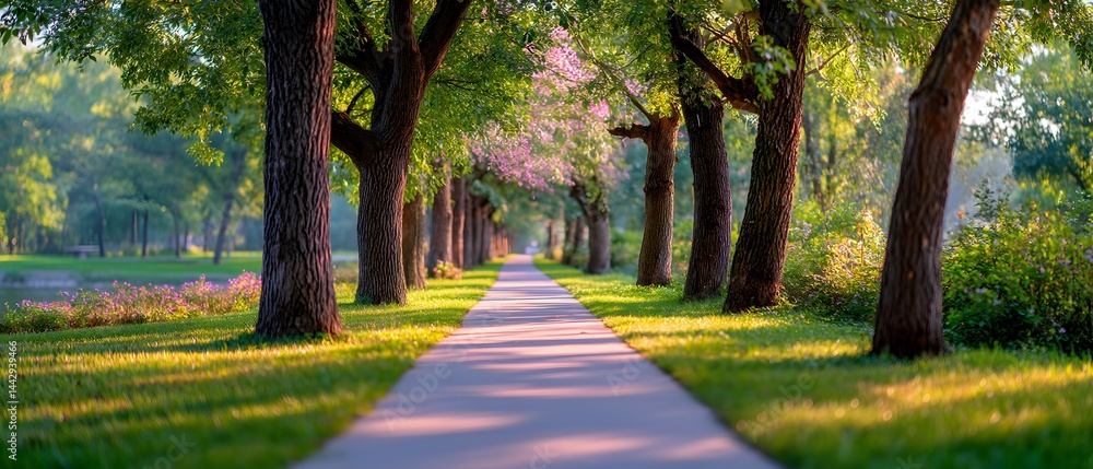 Poster a man is walking on a path in a park