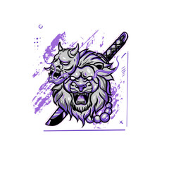 Lion head and oni mask with japanese illustrations 