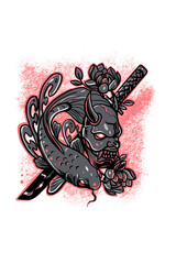 Red koi and oni mask with japanese illustrations 