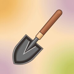 Garden shovel with wooden handle on soft multicolor background