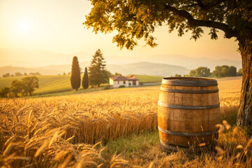 Obraz premium A peaceful countryside wheat field bathed in golden hour sunlight, with tall golden stalks swaying gently under a warm sky. The soft glow enhances the natural beauty, creating a serene and timeless ru