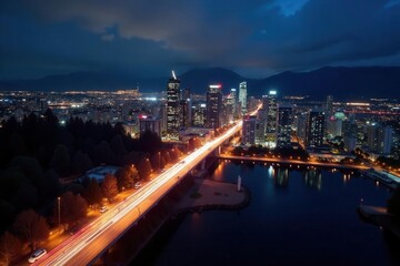 Obraz premium Streaking lights radiate from Vancouver's core at night , shadow, energy