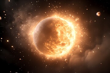 A celestial body explodes, radiating intense heat and light, with debris scattering across the dark cosmos