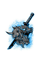 Blue wolf and oni mask japanese illustrations 