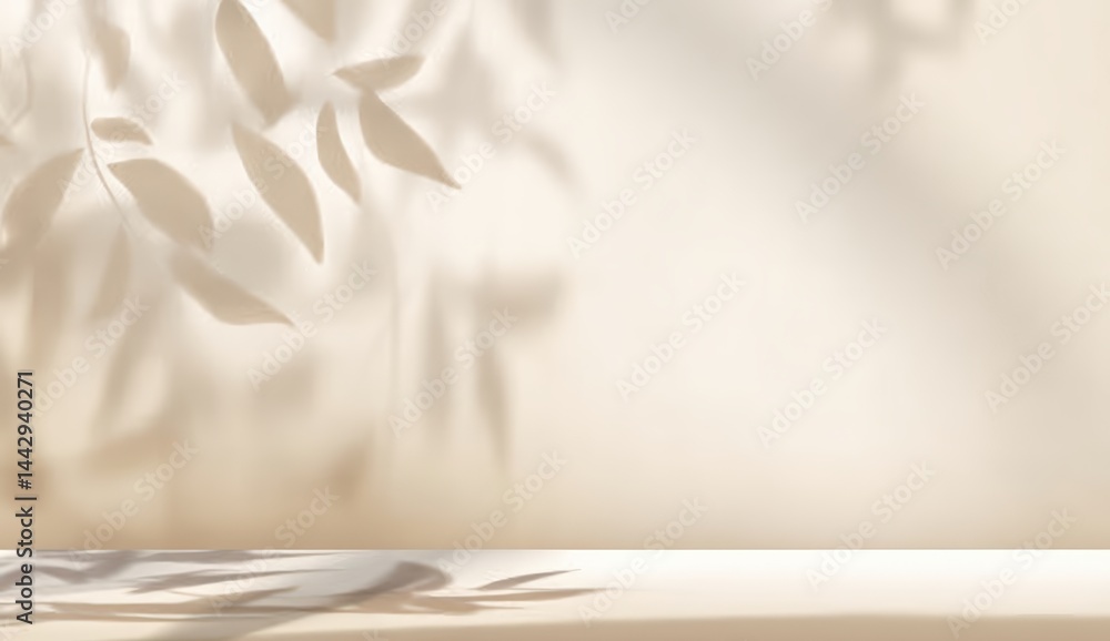 Poster soft leaf shadows cast on a beige wall create a calm and minimalistic natural background.