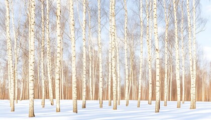 Fototapeta premium Sunlit birch forest in winter, snow-covered ground, leafless trees