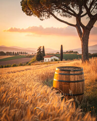 Obraz premium A peaceful countryside wheat field bathed in golden hour sunlight, with tall golden stalks swaying gently under a warm sky. The soft glow enhances the natural beauty, creating a serene and timeless ru