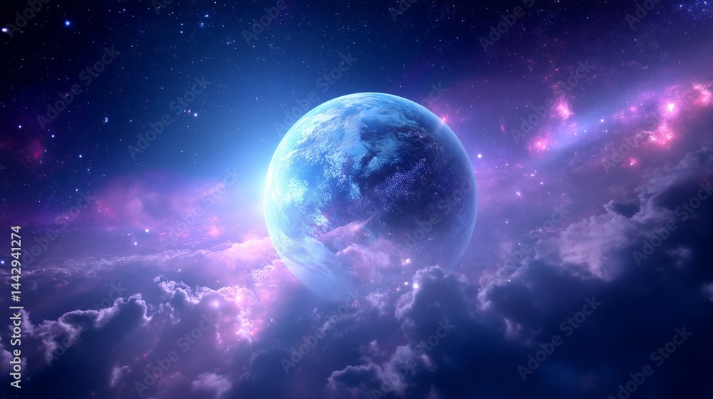 Poster stunning view of a glowing planet surrounded by colorful nebulae and clouds in deep space