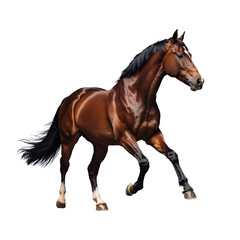 Obraz premium Strong and elegant brown horse in motion, isolated on white. High-resolution animal image perfect for equestrian content, ads, and nature-themed visuals