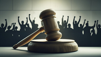 Social justice concept gavel with blurred crowd of protesters holding signs in the background/ protest, public assembly, labour strike, civil rights activist protest.