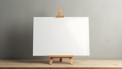 Blank White Canvas on Wooden Easel Over Rustic Table with Neutral Wall Background