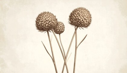 Vintage botanical illustration of round flower heads with detailed texture and natural stem design