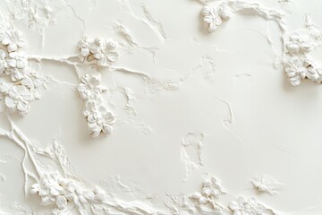 Ornate white plaster wall texture with embossed floral designs.