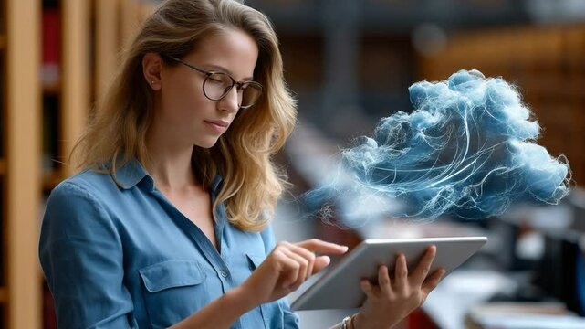 Cloud Data Innovation: A focused woman, surrounded by data-centric elements, delves into the depths of cloud technology through her tablet, symbolizing digital transformation and innovation.