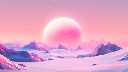 Pink pastel alien planet landscape with large sun. © Melll