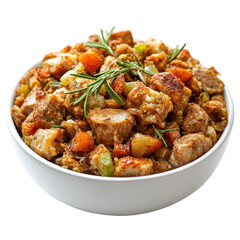 A savory, hearty stuffing dish, filled with a mix of vegetables and meat, perfect for a holiday meal.