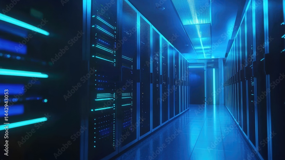 Leinwandbilder advanced data center corridor glowing in intense blue light with symmetrical server cabinets, ideal 