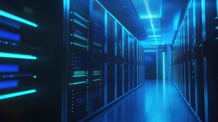 Advanced data center corridor glowing in intense blue light with symmetrical server cabinets, ideal for promoting cloud computing, IT infrastructure, and network security services