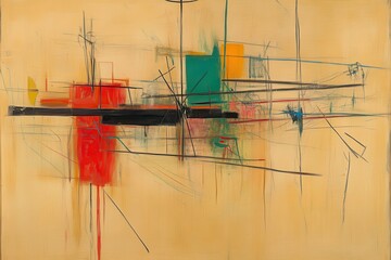 Abstract composition of vibrant color blocks and intersecting lines on a light beige canvas