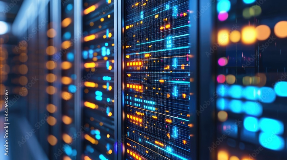 Poster Close-up of vibrant data servers with multicolored LED lights in a high-tech environment, ideal for cybersecurity, IT solutions, data management, and digital infrastructure visuals