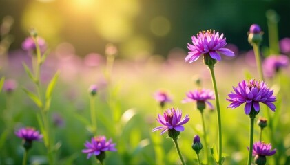 Obraz premium Vibrant purple wildflowers in a sunlit meadow, violet, peaceful, wildflowers