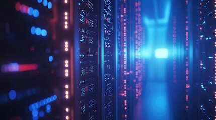 Blue-lit futuristic server room with glowing LED panels and data racks, perfect for cloud storage, cybersecurity, IT service ads, and network infrastructure design