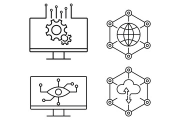 Technology icon set. Artificial intelligence, machine learning, cloud computing, global network, automation, innovation, data visualization concept vector illustration design.