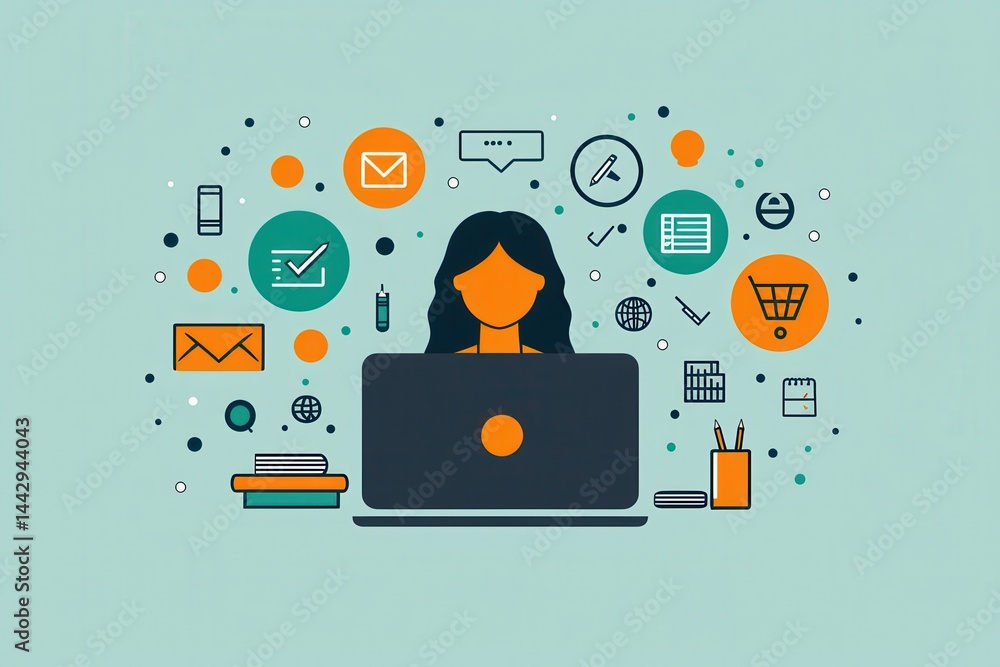 Poster flat illustration of multitasking professional working on online tasks and communication