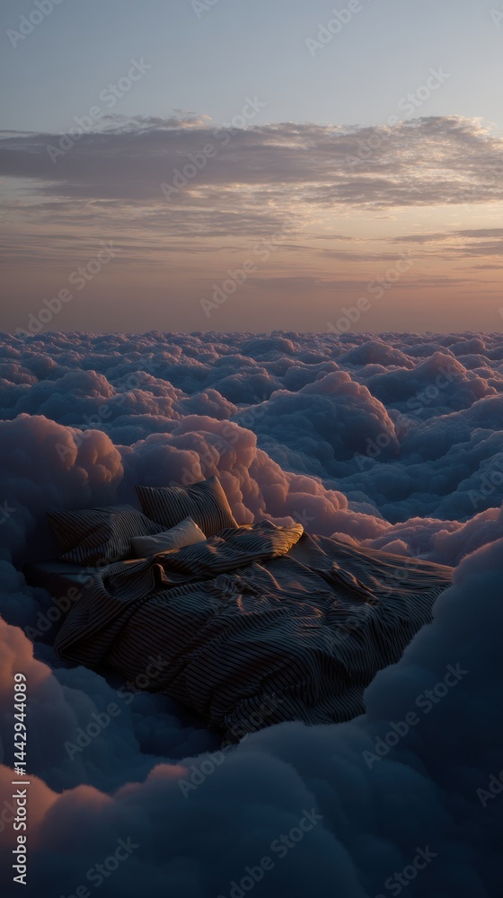 Poster dreamlike bed floating on fluffy clouds at sunset creating a surreal and peaceful atmosphere with wa