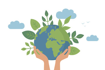 save the planet concept earth in human hand with green leaves vector illustration EPS10