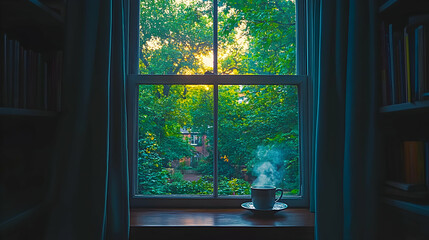 Fototapeta premium Serene morning scene a steaming cup of tea or coffee rests on a windowsill, overlooking a lush green garden bathed in sunlight.