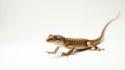 A close-up of a brown gecko resting on a light surface, showcasing its intricate patterns and vibrant eyes.