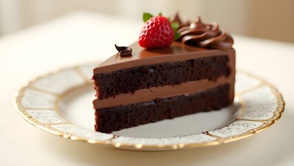 Chocolate cake slice on elegant plate.