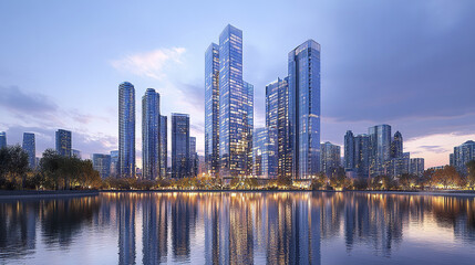 Obraz premium Urban skyline with high rise office buildings reflecting water dusk, creating serene atmosphere