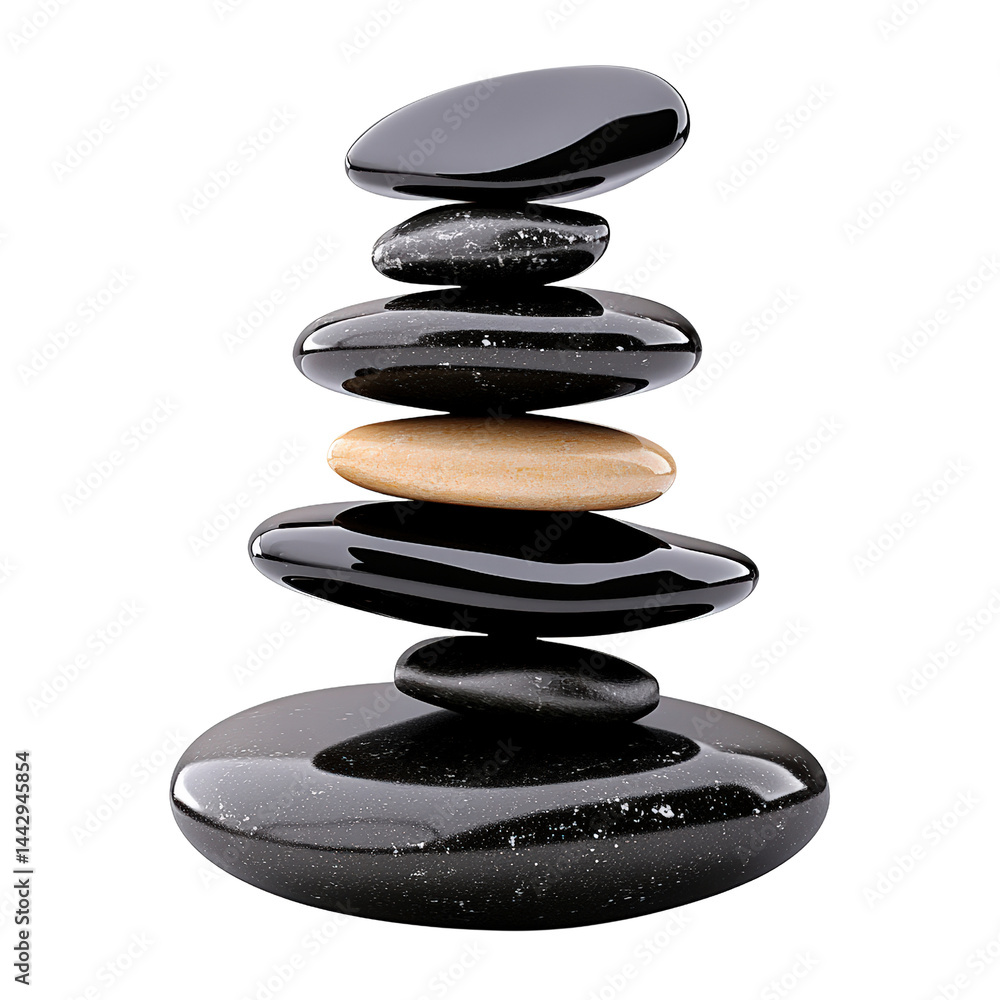 Poster a balanced stack of smooth black and beige stones with a glossy finish and subtle speckled patterns,