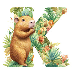 Stylized letter K artwork featuring an animal with lush tropical leaves and flowers, creating a unique design.