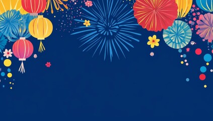 Festive celebration border with lanterns, fireworks, and confetti