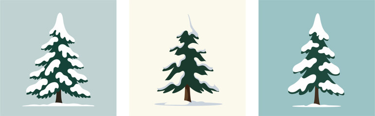 Set of Three Snowy Pine Tree Illustrations Vector