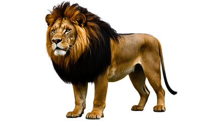 Obraz premium Majestic Lion Standing Proud on White Background, Wildlife Portrait, King of the Jungle, Powerful Big Cat, Safari Animal, Realistic Lion Photography
