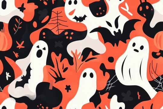 Halloween themed pattern design with ghosts and bats.
