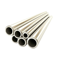 Fototapeta premium Set of six highly reflective shiny metal tubes with different diameters arranged on a white background for industrial construction and enginee projects
