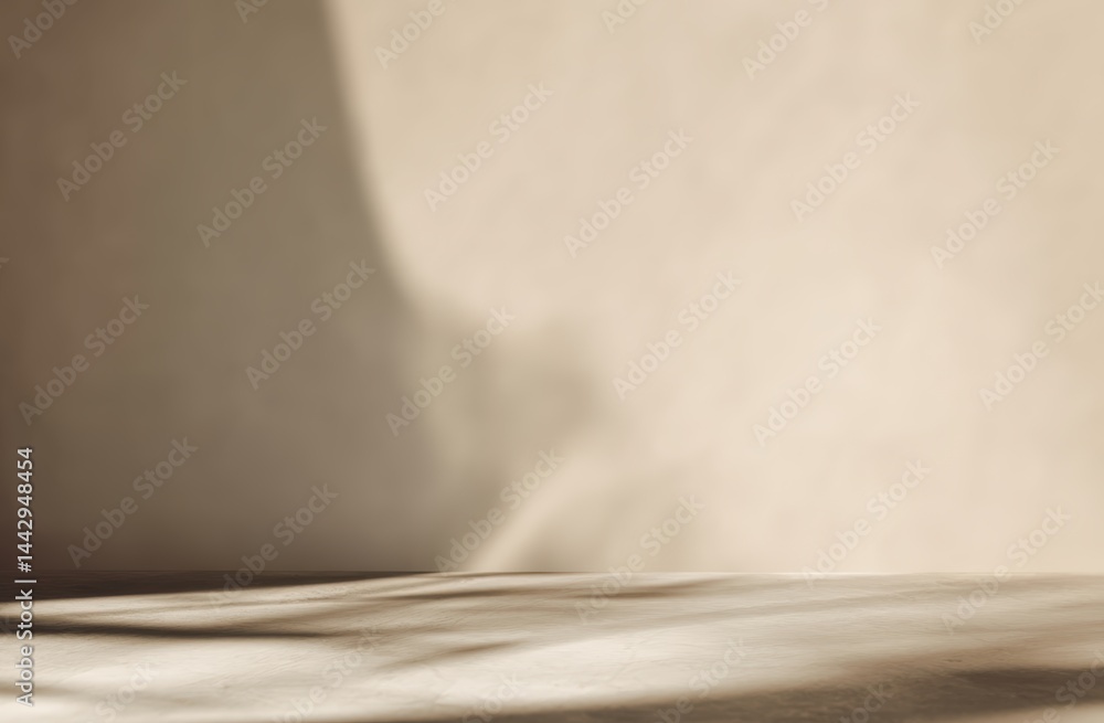 Poster minimalist beige background with soft natural shadows and texture, creating a calm and serene atmosp