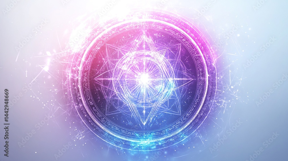 Poster glowing circular magical symbol with intricate design and vibrant colors.